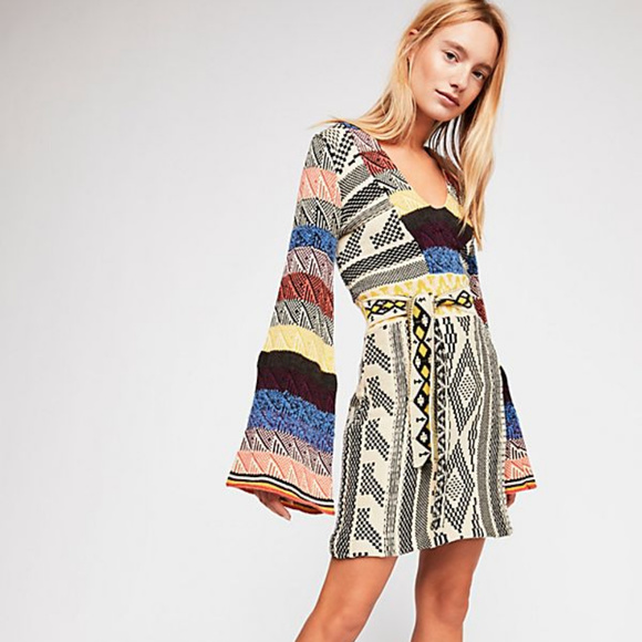 Free People Dresses & Skirts - Free People Patchwork Sweater Dress Bell Sleeve